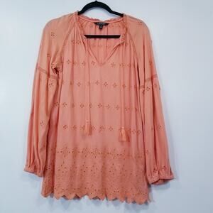 LAUREN Ralph Lauren Orange Eyelet Tunic Blouse Tassels Details Long Sleeves